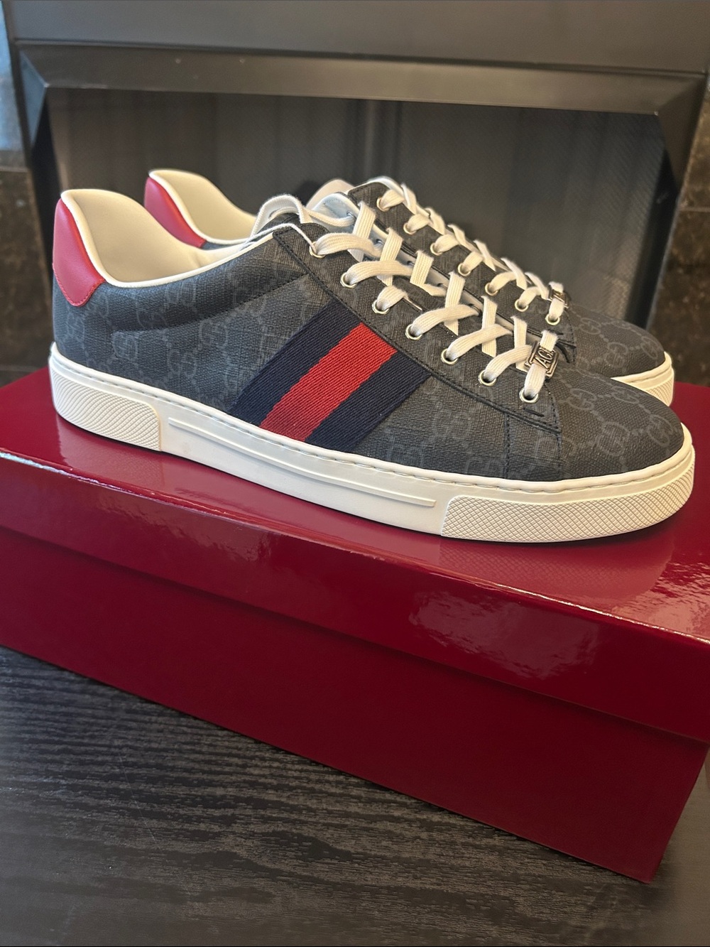Gucci Navy GG Canvas Sneakers with Red & Navy Web and Red Heel